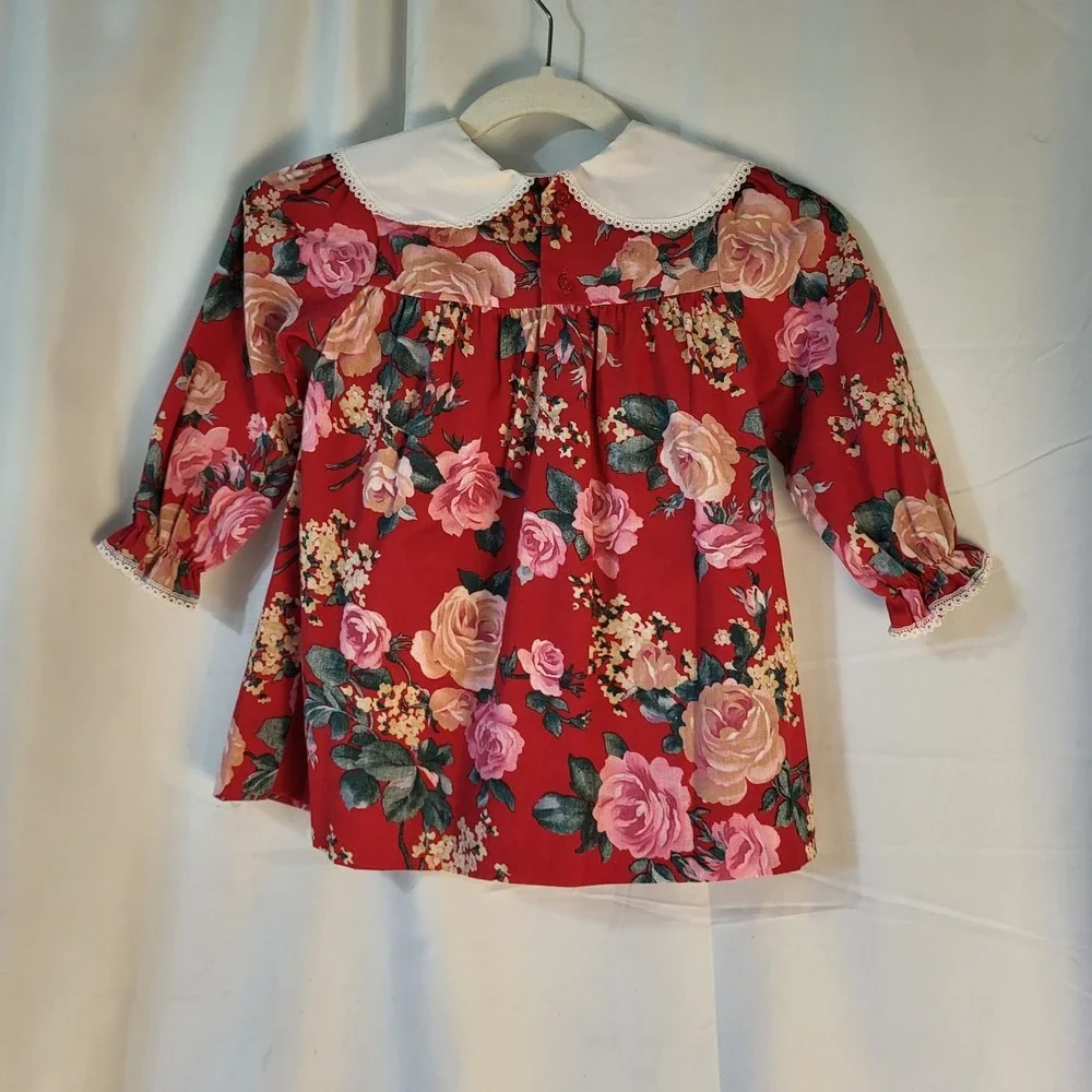 Vintage Roanna Girls Sz 4 Red Floral Longsleeve Light Cotton Dress
